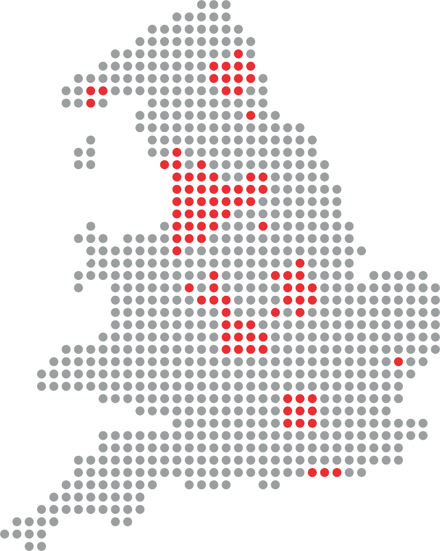 Map of England with the areas where Halo Housing provides homes marked in red, mainly across the North West, Yorkshire, the Midlands and the South East.