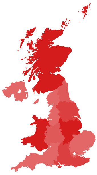 Map of the UK with the regions Halo works in shaded red